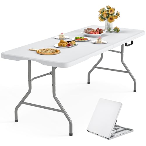 8Ft Foldable Table Portable Plastic Folding Table with Safety Locks, Lightweight & Durable for Parties, Dining, Weddings, Events, Picnics,Indoor & Outdoor Use (White, 8FT) - color: White, size: 8Ft