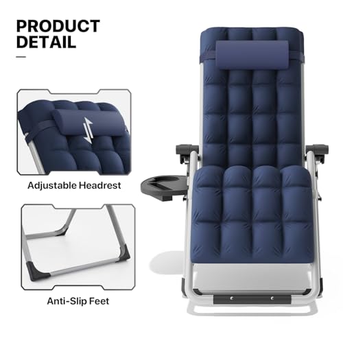 MoNiBloom Stable Folding Chair Outdoor Lounge Chair Beach Pool Lawn Recliner Sunbathing Chair, with Detachable Soft Cushion, Pillow and Side Tray, 330lbs Capacity Blue - color: Blue, size: Standard 1-Pack