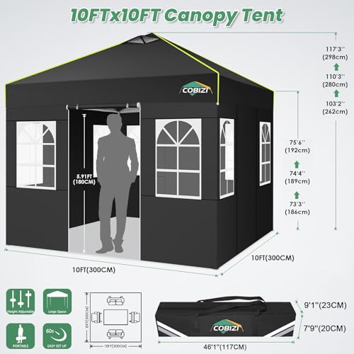 COBIZI 10x10 Pop Up Canopy Tent with 4 Removable Sidewalls, One Push Party Tent Outdoor Waterproof Event Canopy with Air Vent for Parties Commercial Wedding, 3 Height, Carry Bag, Sandbag, Black - color: Black, size: 10x10【with 4 Sidewalls】