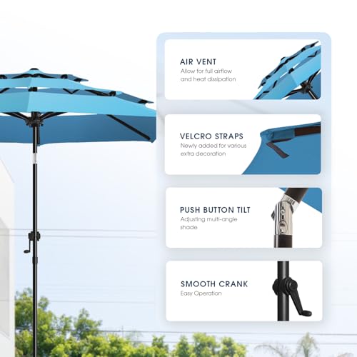 wikiwiki 9ft 3-Tier Patio Umbrella Outdoor Table Market Umbrella for Patio with Push Button Tilt/Crank, Fade Resistant Waterproof POLYESTER Canopy for Garden, Lawn, Deck, Backyard & Pool, Sky Blue - color: Sky Blue, size: 9 FT