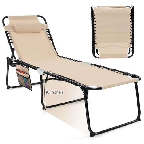 GYMAX Lounge Chairs for Outside, Extra High Folding Beach Tanning Lounger with Adjustable Backrest, Footrest & Removable Pillow, Sunbath Lounge for Patio, Lawn, Poolside (1, Beige with Pocket) - color: Beige With Pocket