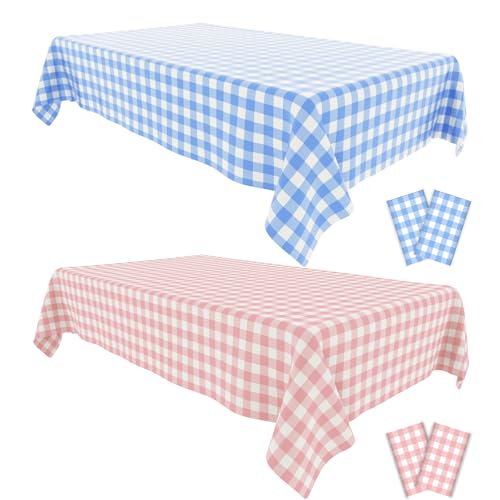 4 Pack Gender Reveal Table Cloths - 54 * 108 Inch Pink and Blue Gingham Tablecloths for Gender Reveal Party Decorations，Boy and Girl Baby Shower Decorations - color: Pink and Blue Gingham, size: 54" x 108" Rectangular (4 Pack)