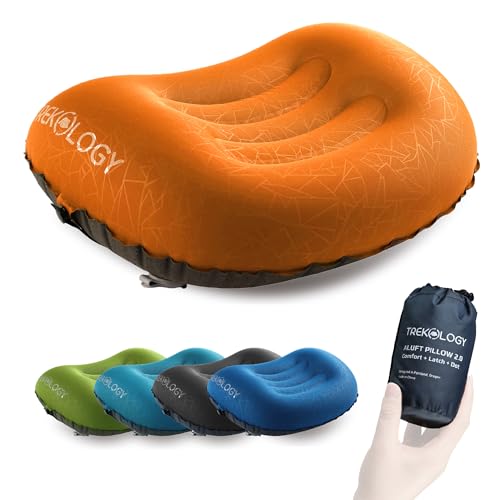 TREKOLOGY Ultralight Inflatable Camping Travel Pillow - ALUFT 2.0 Compressible, Compact, Comfortable, Ergonomic Inflating Pillows for Neck & Lumbar Support While Camp, Hiking, Backpacking - color: Orange