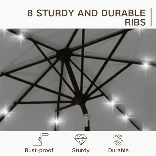 Kingdura 9FT Outdoor Patio Umbrella with Solar Lights, Market Table Umbrella with Push Button Tilt & Crank, 8 Sturdy Ribs, 32 LED Lights, UV Protection for Garden Lawn Deck Backyard Pool (Light grey) - color: Light grey-LED, size: 9 Ft