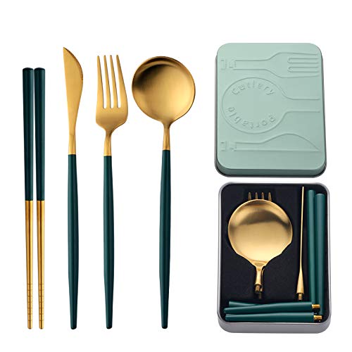 Portable & Reusable Stainless Steel Travel Cutlery Set，Folding Utensil Set with Case ，for Camping, Picnic, Office and On-The-Go (Pocket Sized Flatware Set) (Black) (Gold Green)