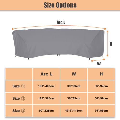 Curved Sofa Cover Outdoor Curved Sectional Sofa Cover Patio Furniture Couch Protector Waterproof Half Moon Sofa Set Cover with Windproof Elastic Cord for Garden Indoor All Weather Protection - size: 90x45.5x34in(228x116x86cm)
