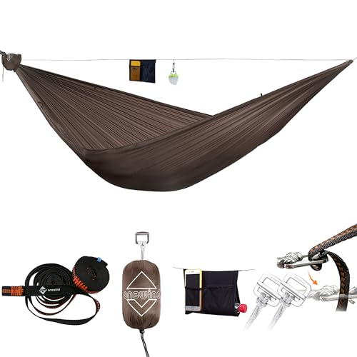 Onewind Camping Hammock, Ultralight Portable Hammock with Adjustable Ridgeline, Outdoor Hammock 20D Ripstop Nylon with 2 * 12Ft Tree Strap, Ideal for Camping, Hiking, Backpacking - color: Brown-single Layer, size: 11' * 55"