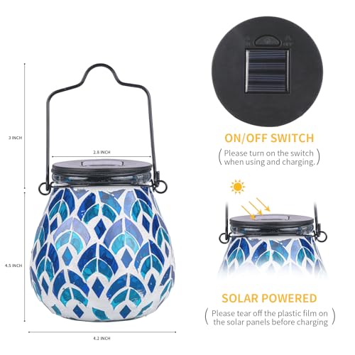 Afirst Mosaic Solar Lanterns - Glass Hanging Lights Hollow Out Waterproof Outdoor Decorative for Garden, Patio, Holiday Party Outdoor Decoration, 1 Pack - style: Blue
