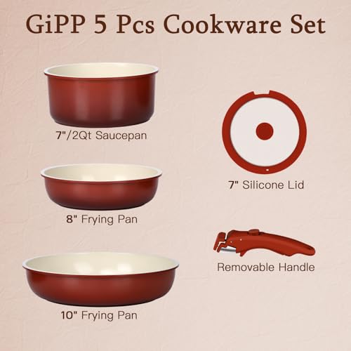 GiPP 5PCS Pots and Pans Set Non Stick, Nonstick Cookware Set Detachable Handle, Ceramic Pots for Cooking Non Stick with Removable Handle, RV Cookware Set for All Stoves, Red Black Gradien - color: Red and Black Gradient, size: 5PCS