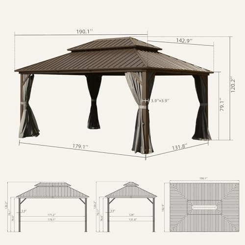 Domi 12' x 16' Hardtop Gazebo Permanent Metal Gazebo with Galvanized Steel Double Roof, Curtains and Netting for Party, Wedding, Outdoor Dining, Patio, Backyard, Brown - color: Brown, size: 12'×16' Double Roof