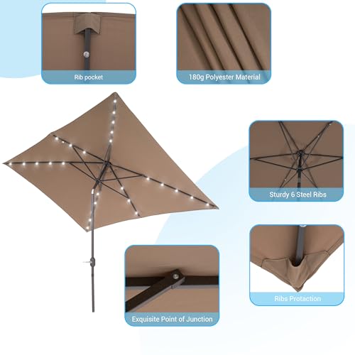 Rectangle Patio Umbrella with Solar Lights, 10 x 6.5ft Rectangular Outdoor Umbrella Table Market Patio Umbrella with Push Button Tilt and Crank for Garden, Deck, Backyard, Pool - color: Taupe