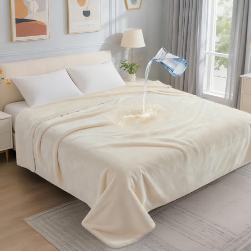 LOOBANI Waterproof Blanket for Bed: Reversible Soft Flannel King Size Bed Blanket 85" x 108", Waterproof Dog Blankets for Large Dogs, Spill-Proof Cover for Furniture Protection, Movie Time, Beige - color: Beige, size: 85" x 108"