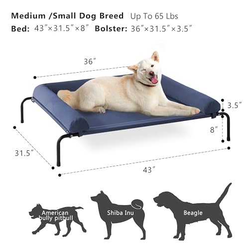 Cooling Elevated Dog Bed for Large Dogs, Outdoor Raised Dog Beds Portable Dogs Cot Bed W/Breathable Mesh, Pet Cots W/Removable Waterproof Bolster - color: Dark Blue, size: 43.0"L x 31.0"W x 8.0"Th