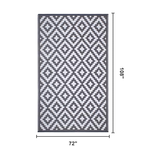FH Home Outdoor Rug - Waterproof, Fade Resistant, Reversible - Premium Recycled Plastic - Geometric - Large Patio, Deck, Sunroom, Camping, RV - Aztec - Gray & White Crease Free - 6 x 9 ft - color: Aztec - Gray & White, size: 6' x 9' (Rectangular)
