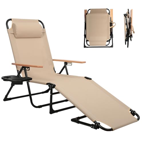 Foldable Chaise Lounge Chair Outdoor, Tanning Chair with 4-Position Reclining Back, Folding Sun Lounger, Outdoor Lounge Chair for Beach, Poolside, Backyard, Camping, UPF 50+, 300 LBS - color: Beige