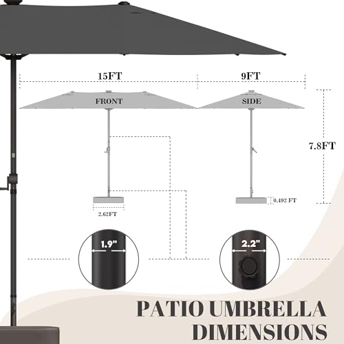 GDPFN 15ft Rectangular Patio Umbrella with Solar LED Lights, Double-Sided Outdoor Market Umbrella with Base Included, Extra Large Shade for Pool, Deck, Backyard, Garden, Dark Gray - color: Dark Gray, size: Base&led