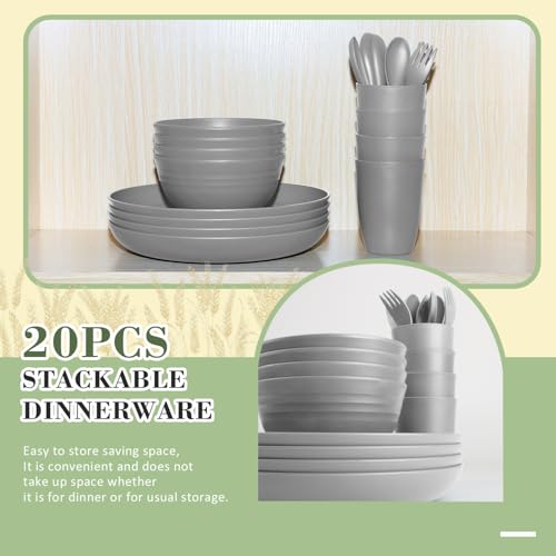 Wrova Wheat Straw Dinnerware Sets of 20,Dishwasher Safe Kitchen Plates and Bowls Sets,Camping Dishes Sets Contains Dinner Plates,Cereal Bowls,Drinking Cups and Flatware.(Grey) - color: Gray, size: 20 Pack