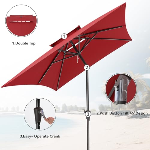 6.6 x 10 ft Rectangular Patio Umbrella, Outdoor Market Table Umbrella with Push Button Tilt and Crank, Double-Tier Vent, 6 Ribs, Rectangle Patio Umbrella for Backyard, Deck, Pool, Fits 4–6 Chairs and Tables (Wine Red) - color: Wine Red
