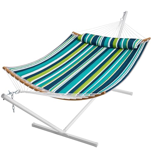 SUPERJARE Curved-Bar Hammock with Stand, 2 Person Heavy Duty Hammock Frame, Detachable Pillow & Portable Carrying Bag, Perfect for Outdoor & Indoor, Blue-Green Stripe - color: Blue-green Stripe