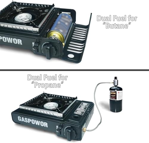 Propane or Butane Stove with Windblocker, 10,000 BTU Dual Fuel Propane Stove for Camping, Automatic Ignition Gas Portable Stove with Propane Adapter Hose Carrying Case for Outdoor (Fuel Not Included) - color: Black