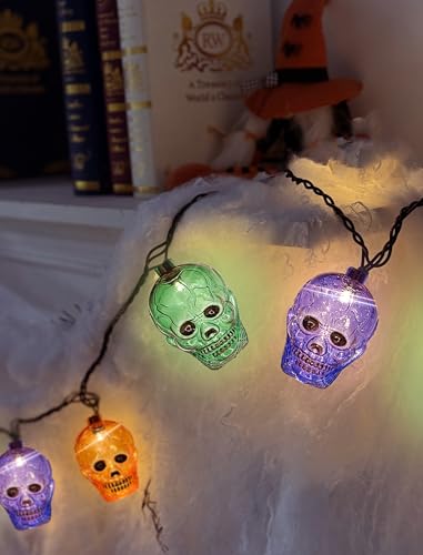 Halloween Skull String Lights Outdoor, 8.5Ft Ghost Head Lights with 10 LED Orange Green Purple Skull Head Lights, Hanging Halloween Decoration Skeleton Light for Patio, Porch, House, Party Decorations - color: Multicolor Ghost