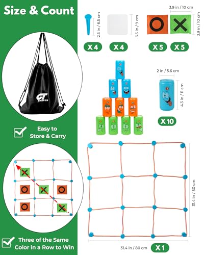 2-in-1 Giant Tic Tac Toe and Can Toss Game - Outdoor Games for Kids & Family, Backyard and Indoor Party Game Set with Bean Bags & Storage Bag