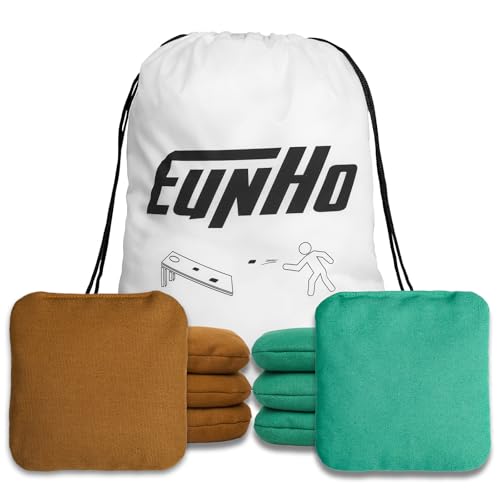 EunHo Cornhole Bags Set of 8 Regulation Size & Weight Corn Hole Bean Bags Official Professional All Weather for Tossing Game with Carry Case - color: Green/Brown