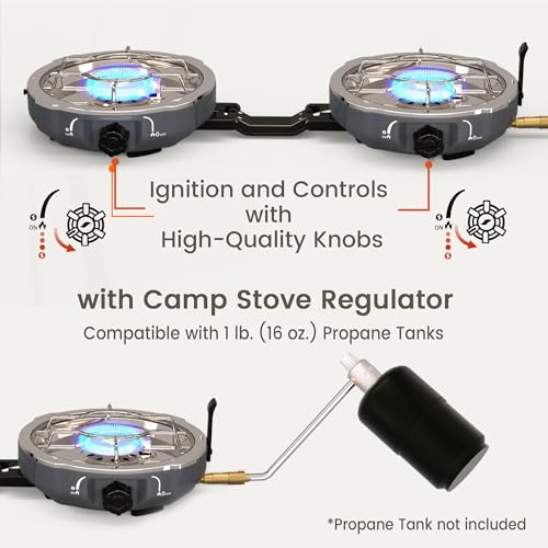 Cofiyard 20,000 BTUs 2 Burner Propane Camping Stove, Portable Folding Camp Stove with Adjustable Burners, Built-in Ignition and Carrying Bag, Dual Gas Stoves for Tailgating, Camping, BBQ Overland Grey - color: Overland Grey