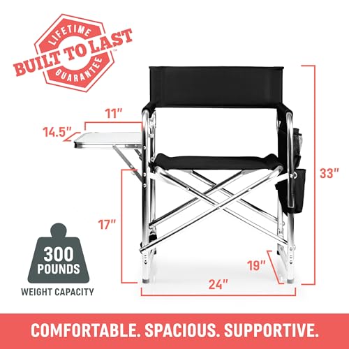 Picnic TIME Sports Chair with Side Table and Armrest Caddy, Lightweight Aluminum Folding Outdoor Camping Chair for Adults, Portable Director Style Lawn Seating with Pockets & Carry Strap, (Burgundy) - color: Burgundy Red