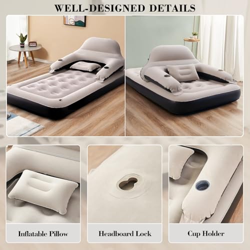 Twin Size Air Mattress Sofa Bed with Headboard and Pillow, Inflatable Bed for Outdoor Overnight - size: Twin