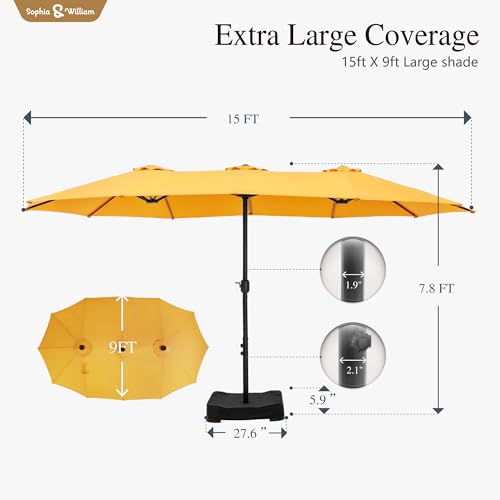 Sophia & William 15 ft Extra Large Patio Umbrella with Base Included, Rectangular Outdoor Umbrella Heavy Duty, Market Umbrella Double-sided Fade Resistant for Pool Garden Backyard, Golden yellow - color: Golden yellow