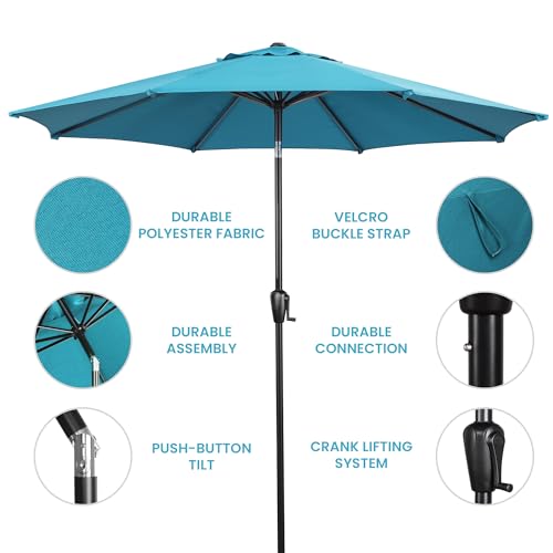 Sun-Ray 9' Round Patio Umbrella with Push-Button Tilt and Hand Crank Lift System, Market Umbrella for Porch, Deck, and Patio - color: Teal
