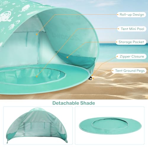 Baby Beach Tent, Pop Up Beach Tent Sun Shade for Beach, Portable Shade Pool UV Protection Sun Shelter for Infant with Beach Sand Toys Set - color: Patterned Mint Green