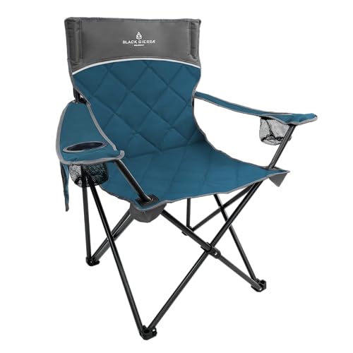 Black Sierra Quilted Padded Camping Chair, Oversized Heavy Duty Outdoor Lounge Seat Supports 300 lbs, Portable, Folding with Cup Holder for Beach, Tailgating, Sports, Patio - color: Blue