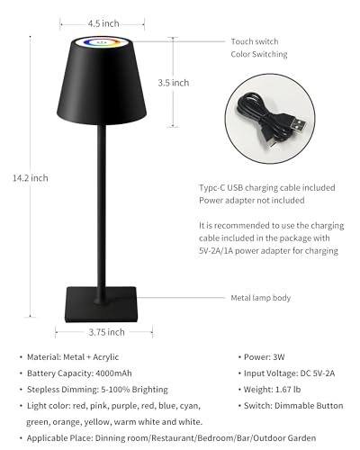 KDG 2 Pack Cordless Table Lamp, RGB Color Stepless Dimming Up, 4000mAh Battery Operated Portable LED Desk Lamp, for Dinning Room, Bedroom, Bar, Outdoor Garden, Camping, Night Light (Black) - color: RGB Black-2