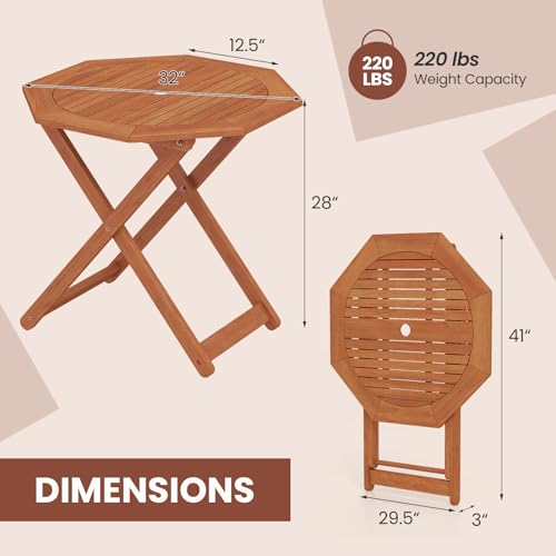 Tangkula 32-Inch Octagon Folding Outdoor Dining Table, Wood Patio Bistro Table with 2" Umbrella Hole and Slatted Tabletop, Outside Table for Garden, Yard, Porch, Teak Oil Finish, No Assembly Required - size: 32"