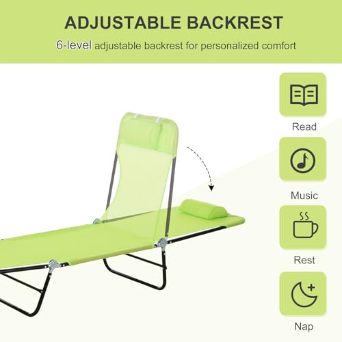 Majnesvon Outdoor Tanning Chair with Pillow, Folding Chaise Lounge Chair with Adjustable Backrest, Portable Lay Flat Beach Lounge Chairs for Sunbathing Poolside Patio Lawn Camping(Green 2) - color: Green 2