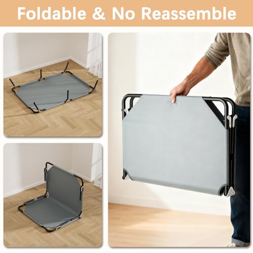 Folding Elevated Dog Bed for Large Dogs, Portable Raised Camping Outdoor Dog Bed, Washable Elevated Pet Beds with No-Slip Feet, Raised Cooling Pet Beds for Indoor & Outdoor Use, Grey, 44 Inches