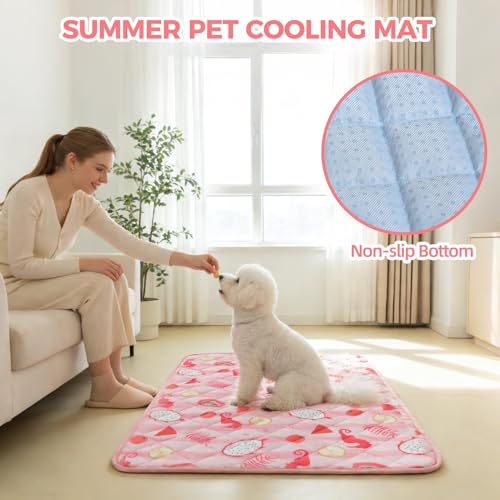 Dog Cooling Mat,27.5"x38.5" Thicken Self-Cooling Mat for Dog Large,Internal Waterproof& Endothermic,Washable Pet Ice Cool Pad Blanket,Pet Sleeping Pad for Indoor Outdoor in Summer,Non-Toxic, Pink L - color: Pink Seahorse, size: Large 27.5IN x 38.5IN