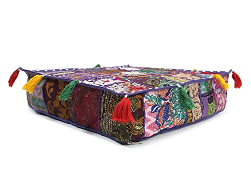 Mam Treasures Indian Bohemian Decorative Pillow Vintage Cushion Cover Patchwork Square Floor Pillow Cover Meditation Cushion Large Floor Pillow Indian Cushion (Purple, 18 X 18 X 5 Inch) - color: Purple, size: 18" x 18" (Pack of 1)