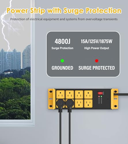 HHSOET 2 Pack Heavy Duty Power Strip 8 Outlets, Metal Wall Mount Outlet Strip 4800J Surge Protector, Garage Shop Under Desk Mountable 6FT Extension Cord Plug, ETL Listed - color: Yellow, size: 6ft