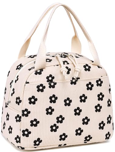 LEDAOU Lunch Box for Women Insulated Lunch Bag Corduroy Lunch Tote Bags Leakproof Cooler Lunch Case for Travel Work Picnic (Black Floral) - color: Black Floral