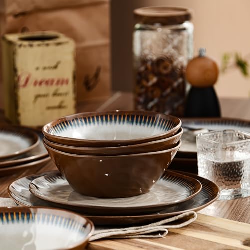 Melamine Dinnerware Set, 12 Pcs Dishware Sets, Plate and Bowl Set Service for 4, Lightweight and Unbreakable Dinnerware Sets for Camping, Great for RV, Dishwasher Safe, Sahara Beige and Blue - color: Sahara Beige