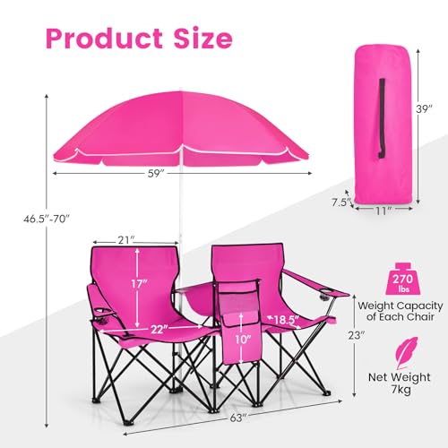 Double Beach Chair, 2-Person Portable Loveseat w/Removable Umbrella, Cup Holders & Carrying Bag, Folding Camping Chairs for Adults Outdoor Picnic (Pink) - color: Deep Pink