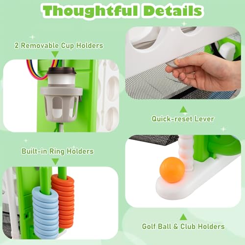Costzon Giant 4-in-A-Row Connect Game, Height Adjustable 4-in-1 Jumbo 4-to-Score Yard Game with Golf, Ring Toss, Basketball, Cup Holder & Mesh Net, Indoor Outdoor Game for Kids Adults Family Party - color: White/Green