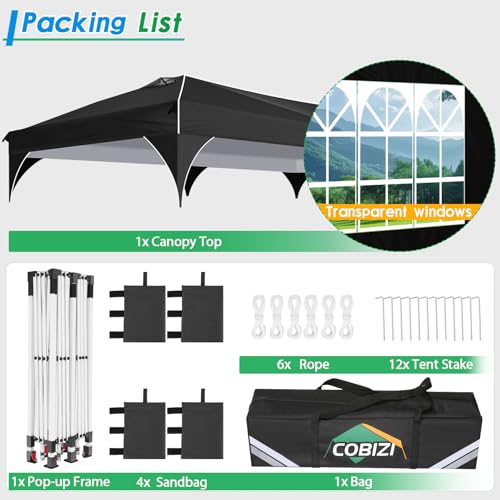 COBIZI 10x20 Pop up Canopy Tent with 4 Sidewalls Outdoor Canopy Tent for Party with Push Center Lock & Air Vent, 2000mm+Waterproof Gazebo Canopy UPF 50+with 4 Sandbags,12 Stakes & 6 Ropes,Black - color: Black, size: 10x20ft With 4 Sidewalls