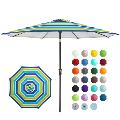 JEAREY 9FT Outdoor Patio Umbrella Outdoor Table Umbrella with Push Button Tilt and Crank, Market Umbrella 8 Sturdy Ribs UV Protection Waterproof for Garden, Deck, Backyard, Pool (Blue-Green Stripe) - color: Bold Blue & Green Stripe