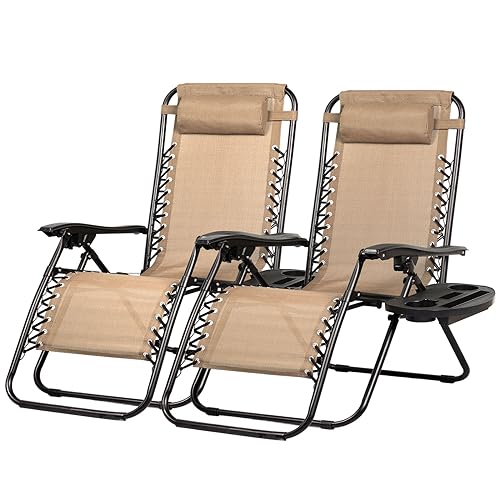 Nazhura Set of 2 Relaxing Recliners Patio Chairs Adjustable Steel Mesh Zero Gravity Lounge Chair Beach Chairs with Pillow and Cup Holder Khaki (Kahki) - color: Kahki