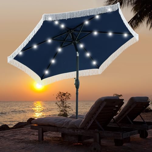 GDY 7.5ft Tassel Patio Umbrella and Matching Base, Outdoor Table Umbrella with 18 LED Lights,Market Umbrella with 6 Sturdy Ribs, with Push Button Tilt and Crank, Dark Blue - color: Dark Blue+18 Lights, size: Umbrella+Base