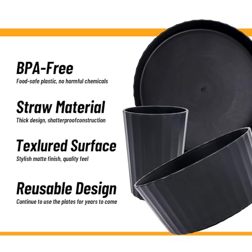 24Pcs Kitchen Plastic Wheat Straw Dinnerware Set,Dinnerware Sets for 6,Microwave Dishwasher Safe Plates